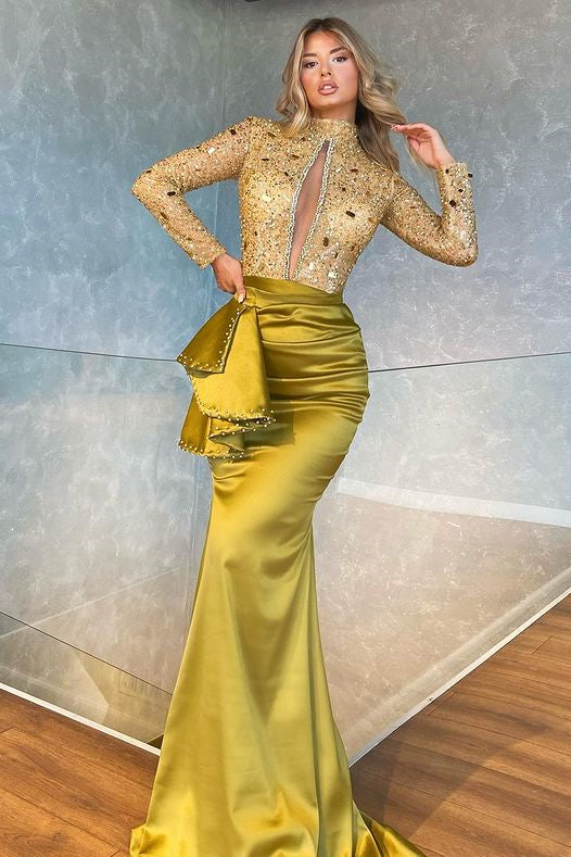 High Collar Long Sleeves Mermaid Pleated Sequins Prom Dress With Beadings