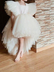 High Low Ball Gown Tulle Wedding Party Flower Girl Dresses-27dress