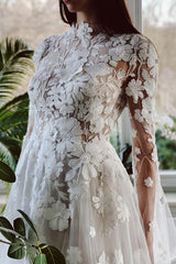 High Neck Long Sleeves Wedding Dress Princess With Appliques-27dress