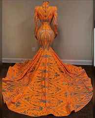 High Neck Mermaid Orange Long Sleeves Prom Dress Sequins Lace With Appliques