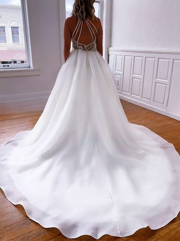 High Neck Organza Court Train Wedding Dress With Pockets - Ball Gown