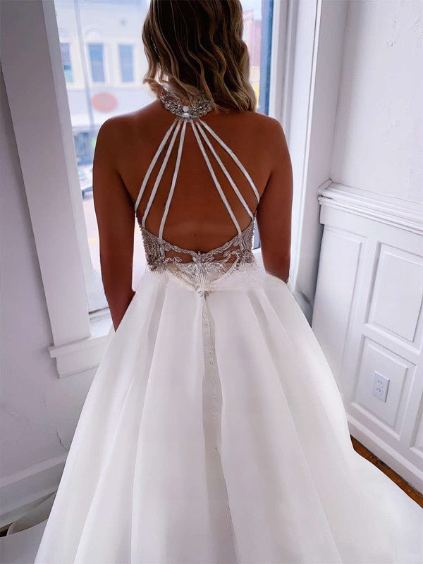 High Neck Organza Court Train Wedding Dress With Pockets - Ball Gown