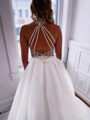 High Neck Organza Court Train Wedding Dress With Pockets - Ball Gown