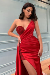 High Split One Shoulder Sleeveless Pleated Long Red Prom Dress With Sequins