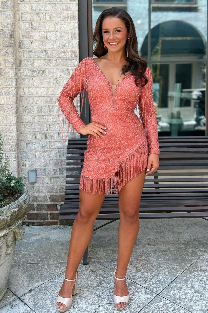 Watermelon sparkly sequined long sleeves tight short homecoming dress with fringes