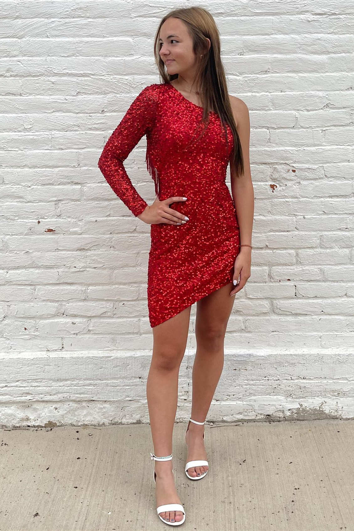 hot pink long sleeve homecoming dresses One Shoulder Hot Pink Long Sleeve Appliques Bodycon Homecoming Dress FancyVestido