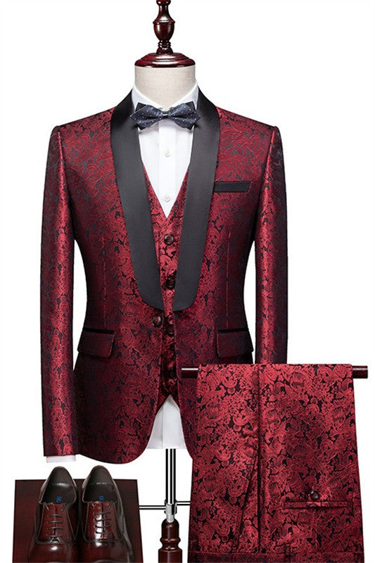 Hot Jacquard Three Pieces Shawl Lapel Red Wedding Suits