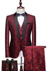 Hot Jacquard Three Pieces Shawl Lapel Red Wedding Suits