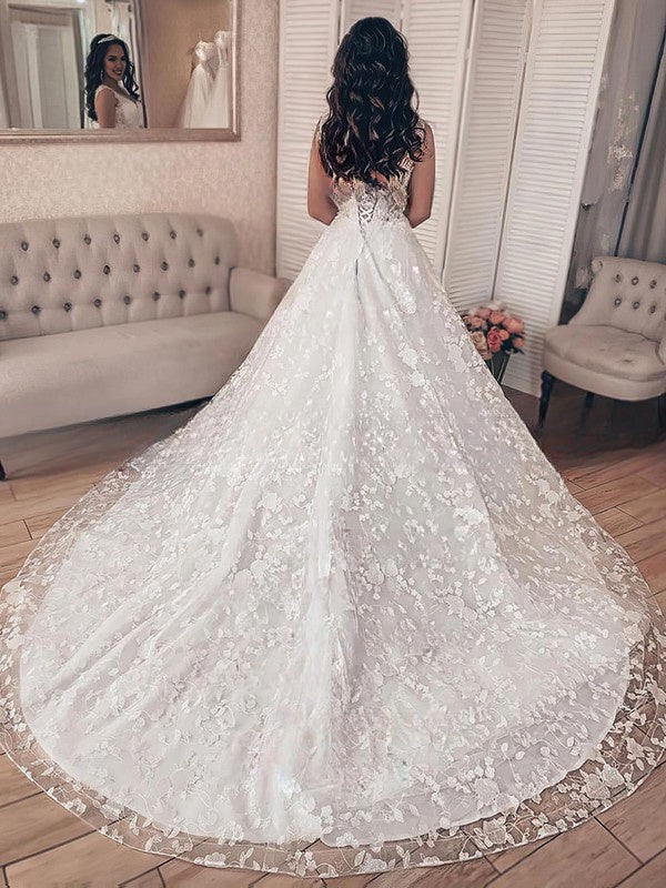 Illusion Lace Court Train Wedding Dress With Beading for Ball Gown
