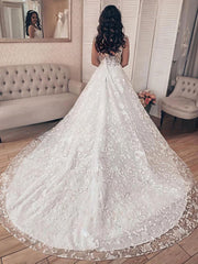 Illusion Lace Court Train Wedding Dress With Beading for Ball Gown