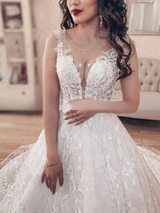 Illusion Lace Court Train Wedding Dress With Beading for Ball Gown