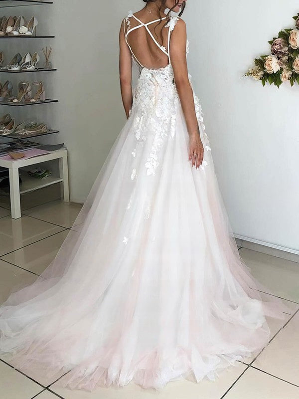 Illusion Tulle Sweep Train Wedding Dress with Appliques Lace and Ball Gown