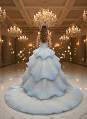 Blue Strapless Long Sequined Ball Gown Prom Dress