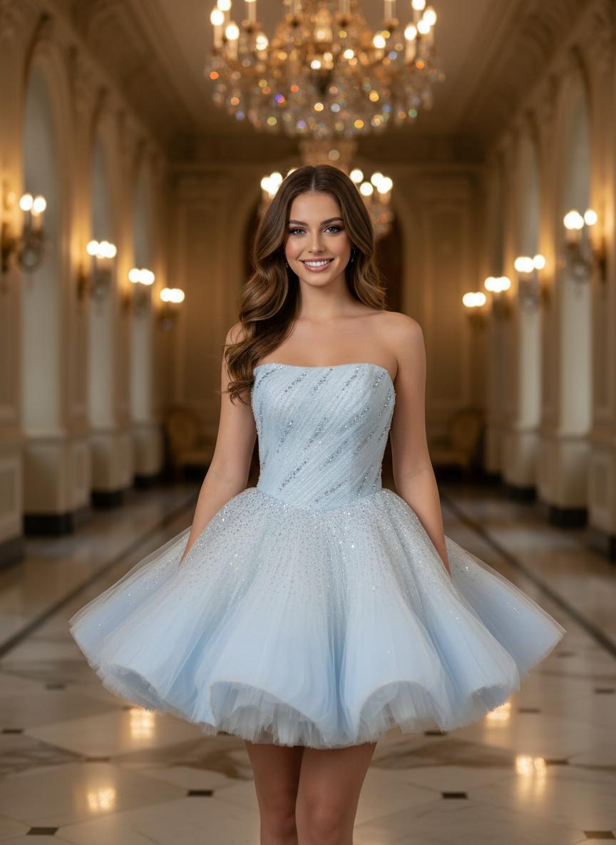 Blue Strapless Ball Gown Homecoming Dress with Beaded