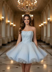 Blue Strapless Ball Gown Homecoming Dress with Beaded