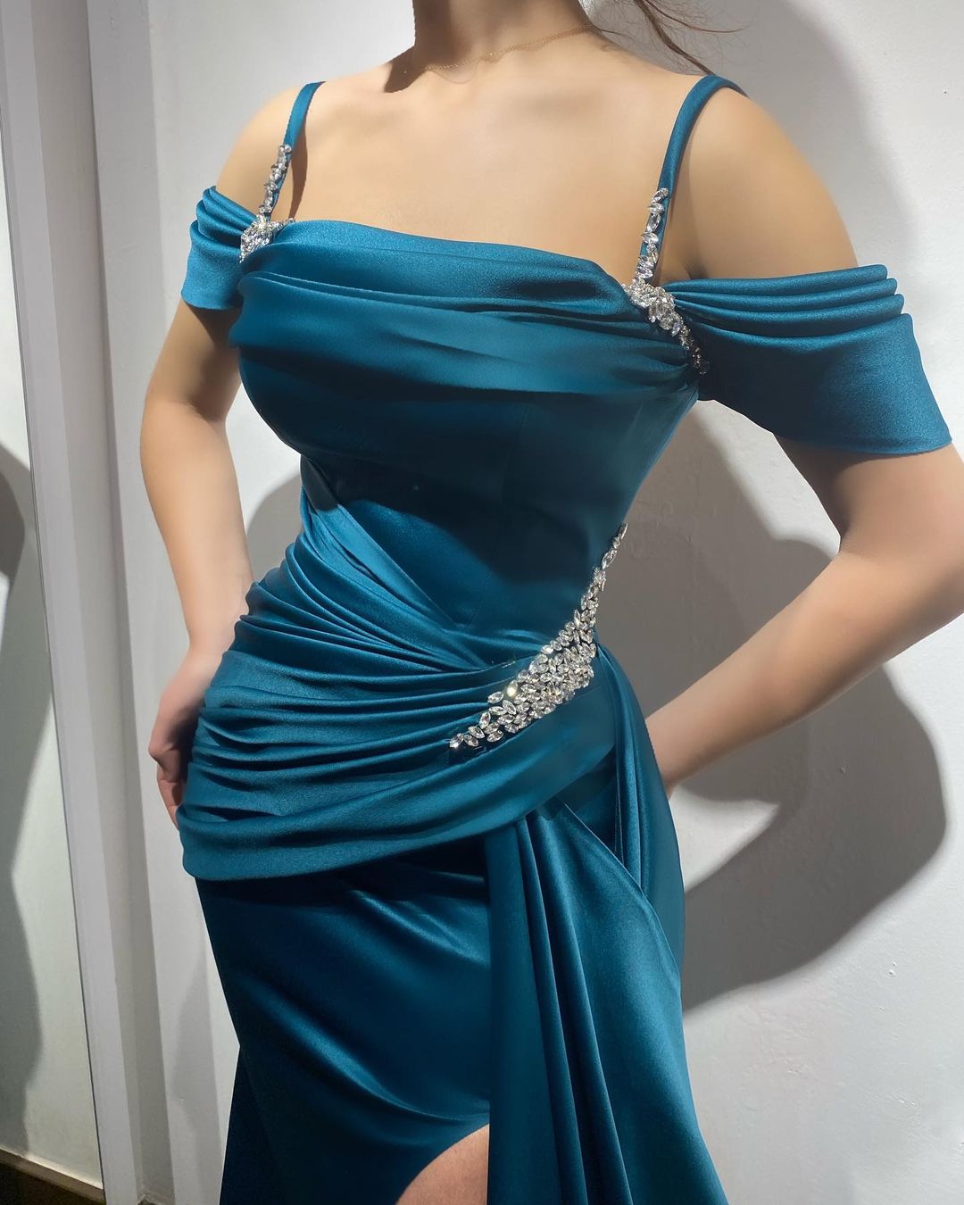 Ink Blue Prom Dress Spaghetti Strap With Sleeveless High Split