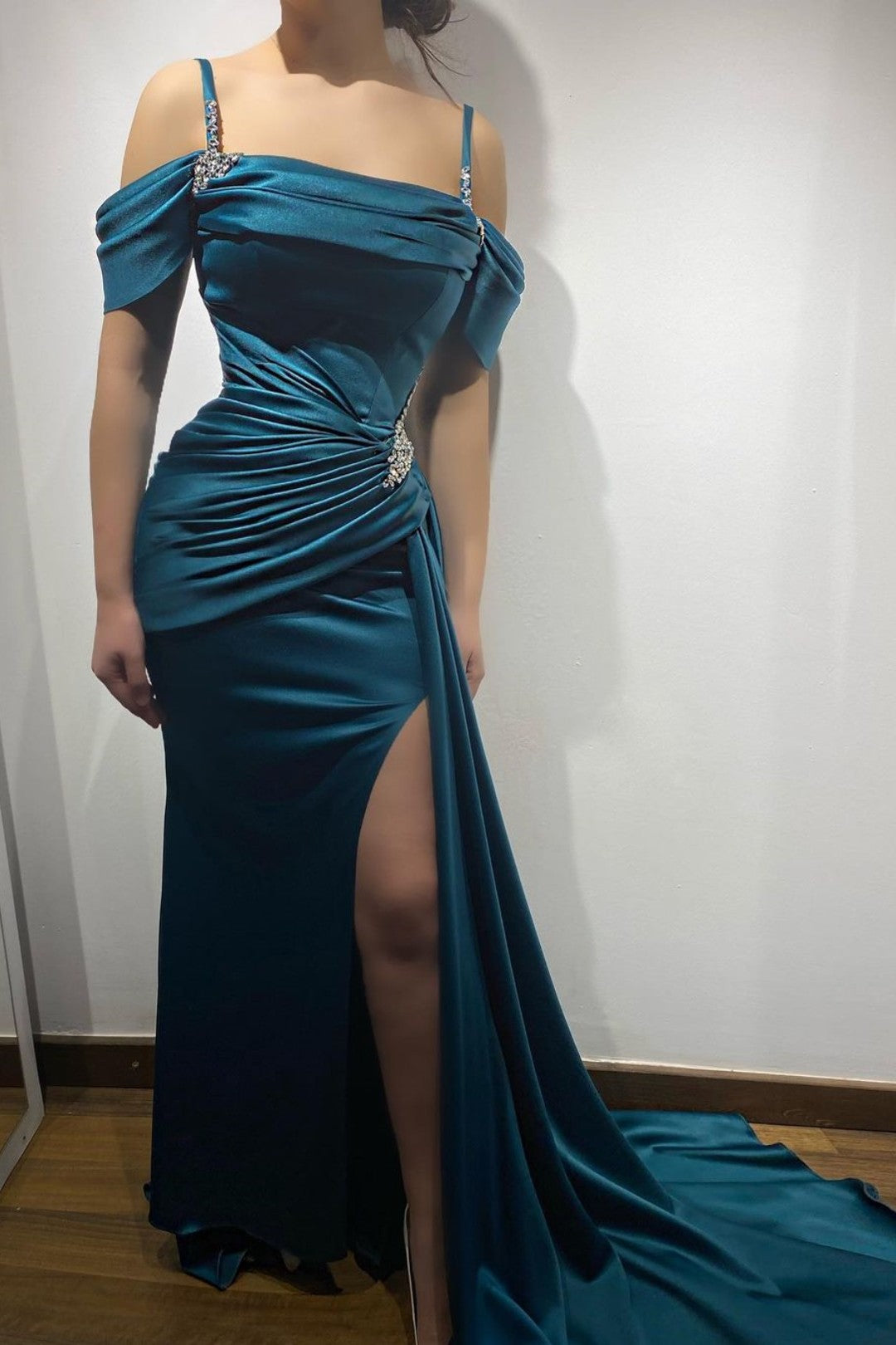 Ink Blue Prom Dress Spaghetti Strap With Sleeveless High Split