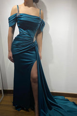 Ink Blue Prom Dress Spaghetti Strap With Sleeveless High Split