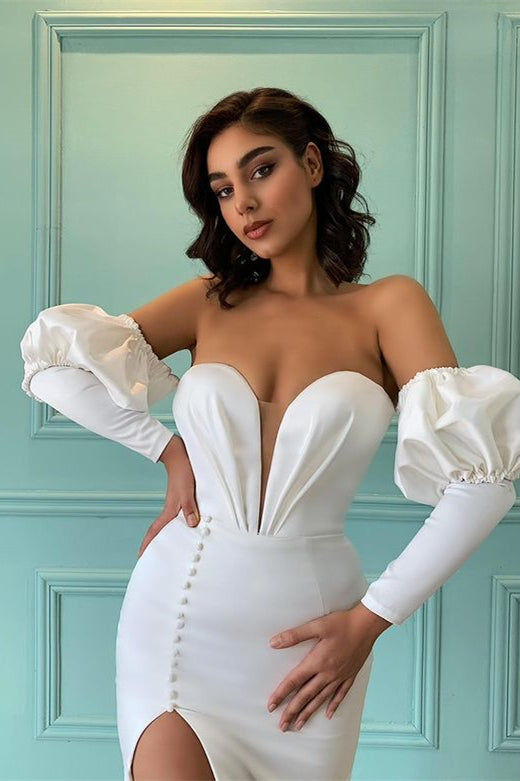 Ivory Bubble Sleeves Sweetheart Long Mermaid Prom Dress With Front Split