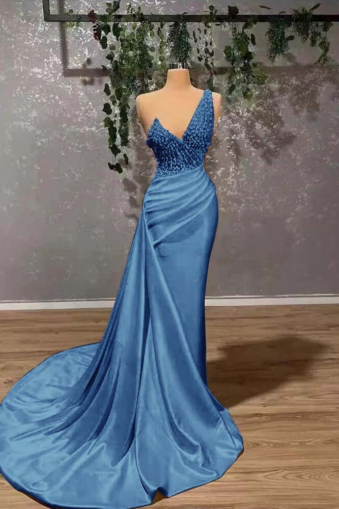 Ivory Elegant One Shoulder Sleeveless Prom Dress Mermaid Appliques With Ruffles