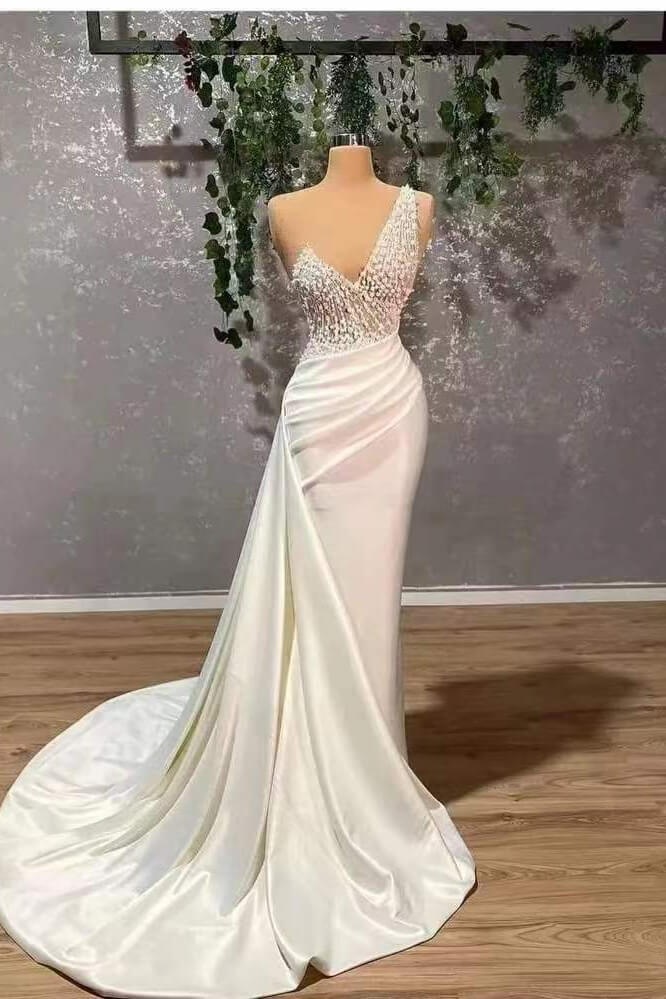 Ivory Elegant One Shoulder Sleeveless Prom Dress Mermaid Appliques With Ruffles