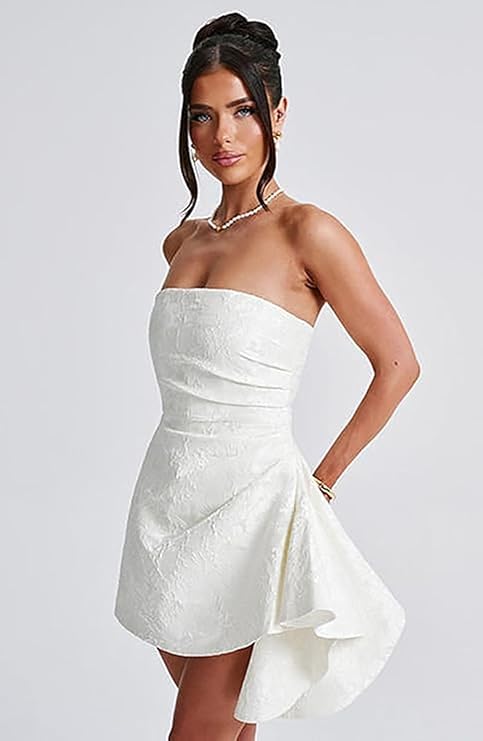 Short A-line Strapless Sleeveless Asymmetrical Lace up Jacquard Satin 27dress Short A-line Strapless Sleeveless Asymmetrical Lace up Jacquard Satin 27dress