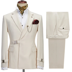 Ivory White Notched Lapel Side Buckle Men's Fashion Suit for Prom