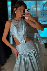 Jewel Neck Backless Sleeveless A Line Long Prom Dress With Pleated