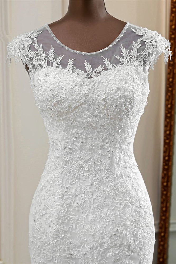 Elegant Jewel Sleeveless White Lace Mermaid Wedding Dresses with Rhinestone Appliques-27dress