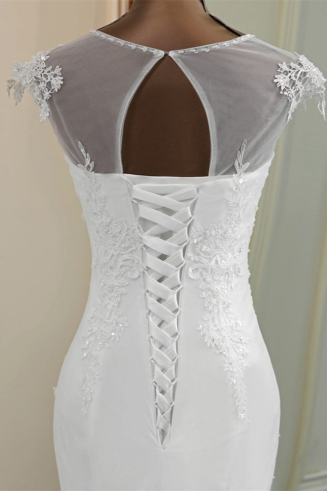 Elegant Jewel Sleeveless White Lace Mermaid Wedding Dresses with Rhinestone Appliques-27dress
