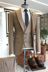 Khaki Peaked Lapel Three Pieces Close Fitting Men Suits For Business