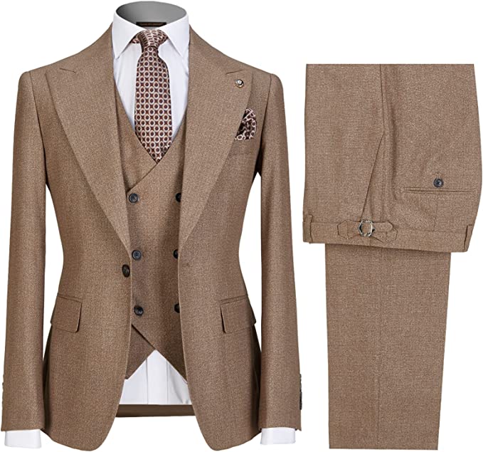 Peaked Lapel Three Pieces Khaki Wedding Suits For Men