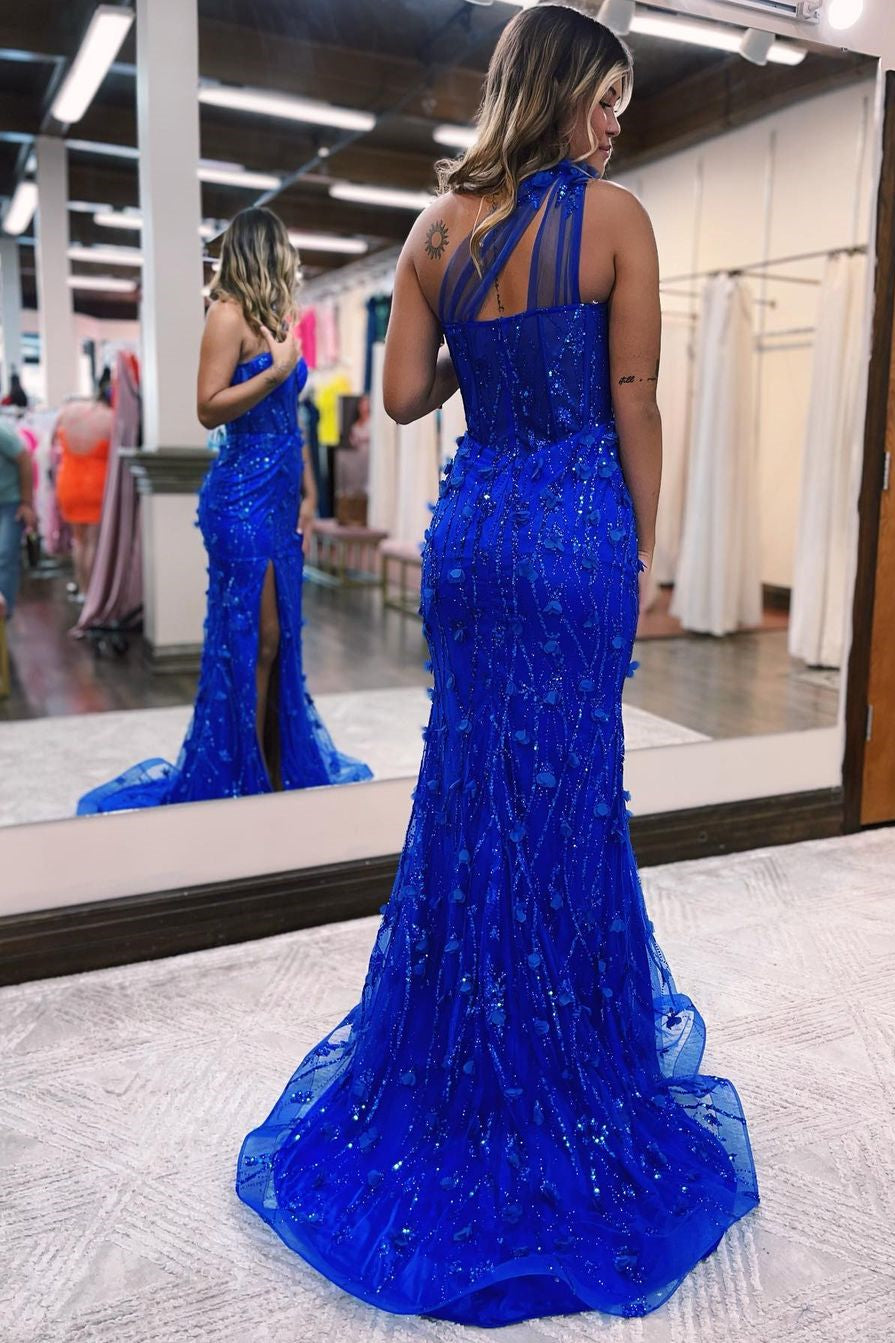 Klein blue One Shoulder Mermaid Split Prom Dress With Flower Appliques