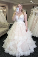 Elegant Long A-line Tulle V-Neck Layered Open Back Wedding Dresses