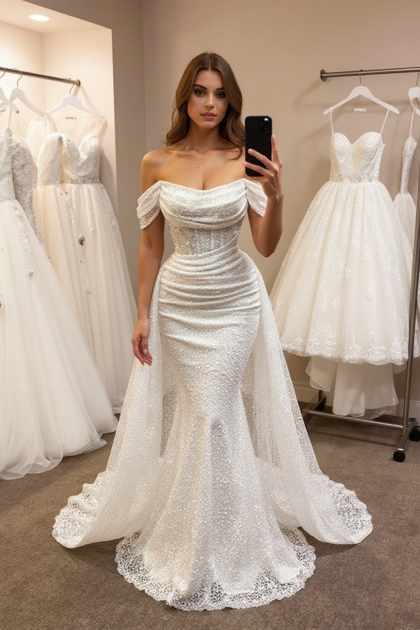 Off-the-Shoulder Sequins Wedding Dress Mermaid Bridal Gown With Ruffle
