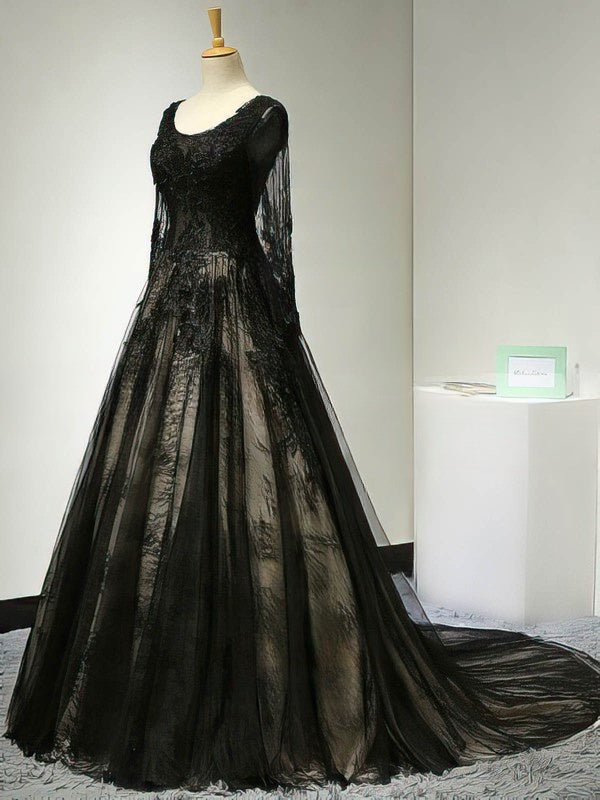 Lace Appliques Prom Dress ¡§C Ball Gown Scoop Neck Court Train