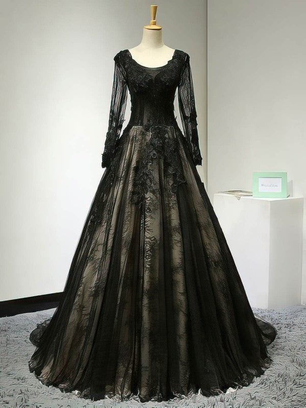 Lace Appliques Prom Dress ¡§C Ball Gown Scoop Neck Court Train