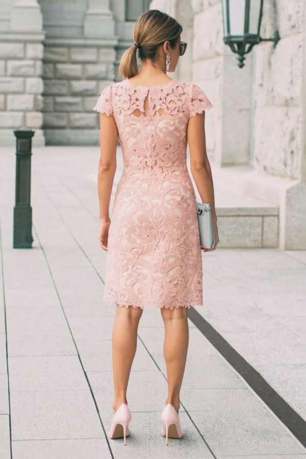 Classic Pink Short Sheath Lace Formal Dresses with Sleeves | 27dress Classic Pink Short Sheath Lace Formal Dresses with Sleeves | 27dress