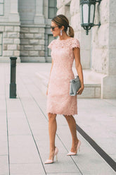 Classic Pink Short Sheath Lace Formal Dresses with Short Sleeves