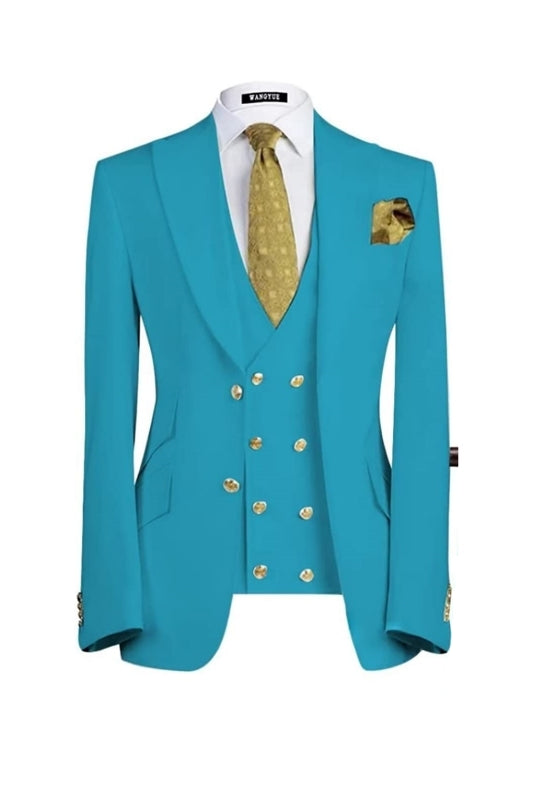 Lake Blue Peaked Lapel Three Pieces Prom Men Suits