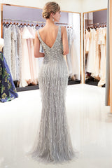 Latest Long Mermaid V neck Beading Fringe Tulle Evening Dress-27dress