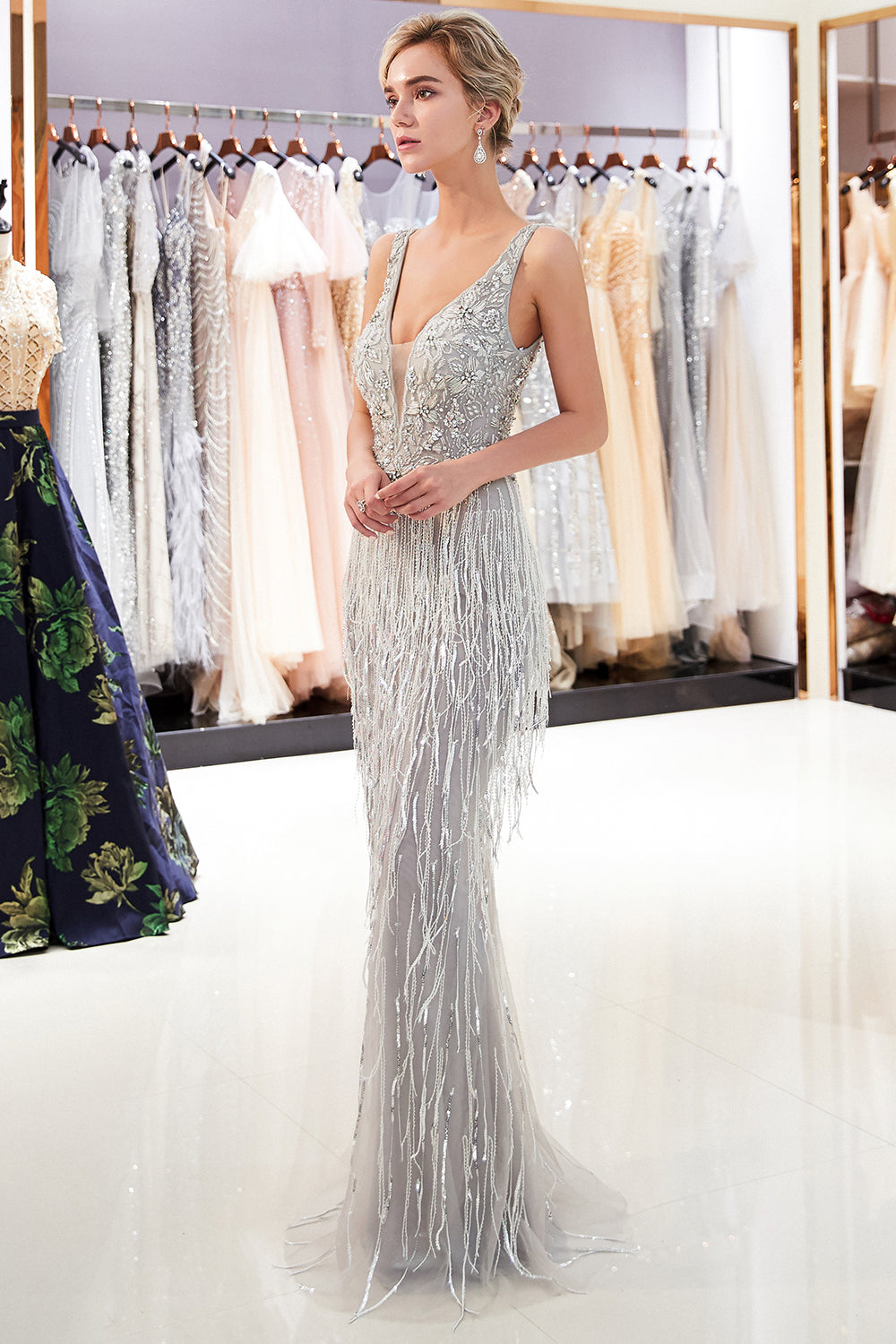 Latest Long Mermaid V neck Beading Fringe Tulle Evening Dress-27dress