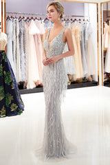 Latest Long Mermaid V neck Beading Fringe Tulle Evening Dress-27dress