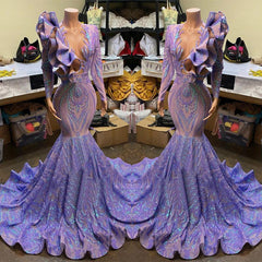 Lavender Long Sleeves Deep V Neck Appliques Mermaid Prom Dress
