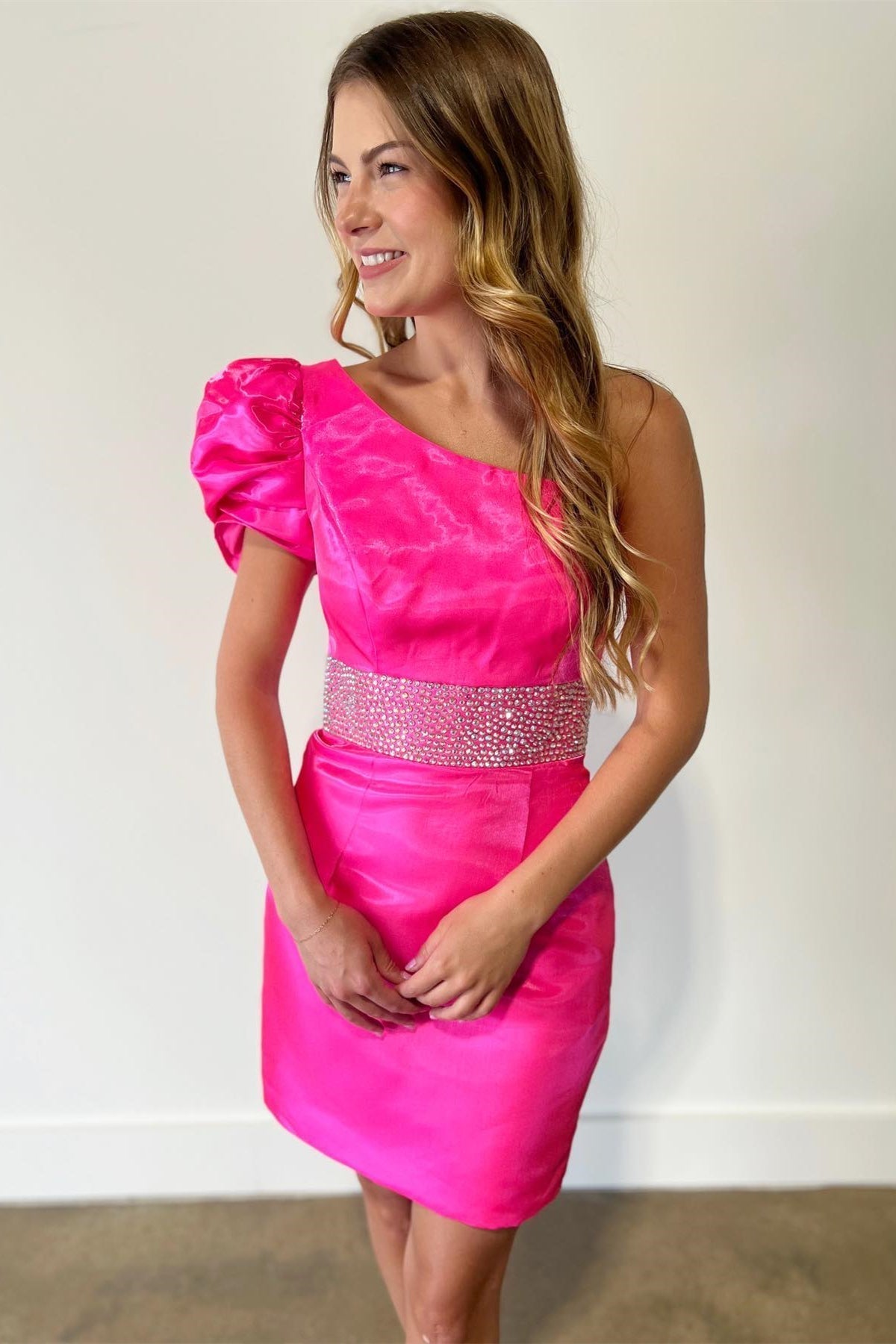 Lavender One Shoulder Satin Sheath Beaded Homecoming Dress
