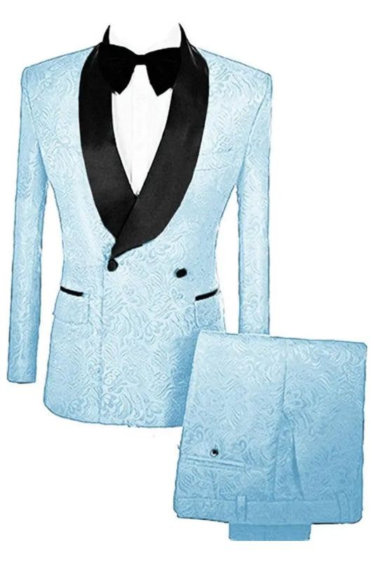 Light Double Breasted Jacquard New Arrival Blue Wedding Suits With Velvet Lapel