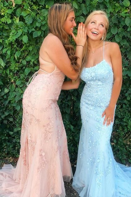 Light Blue Long Lace Open Back Mermaid Prom Dress-27Dress