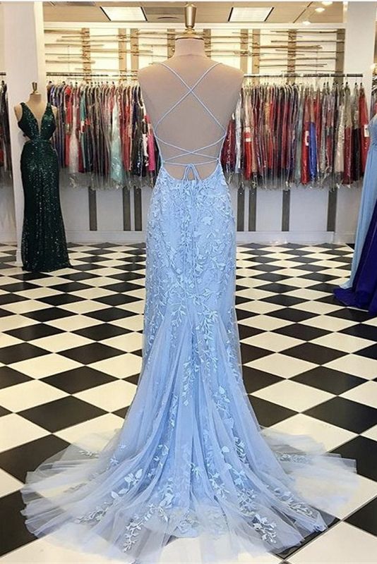 Light Blue Long Lace Open Back Mermaid Prom Dress-27Dress