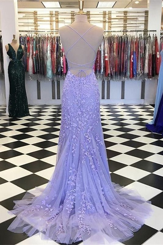 Light Blue Long Lace Open Back Mermaid Prom Dress-27Dress