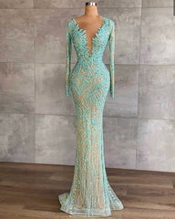 Light Blue Mermaid Beaded Tulle Prom Dress Long Sleeves With Sequins